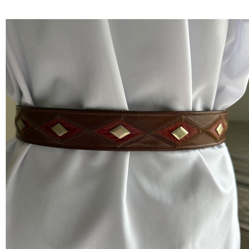 Vintage Wright USA Wide Leather Belt Boho Southwestern Cognac Studded Waist Belt